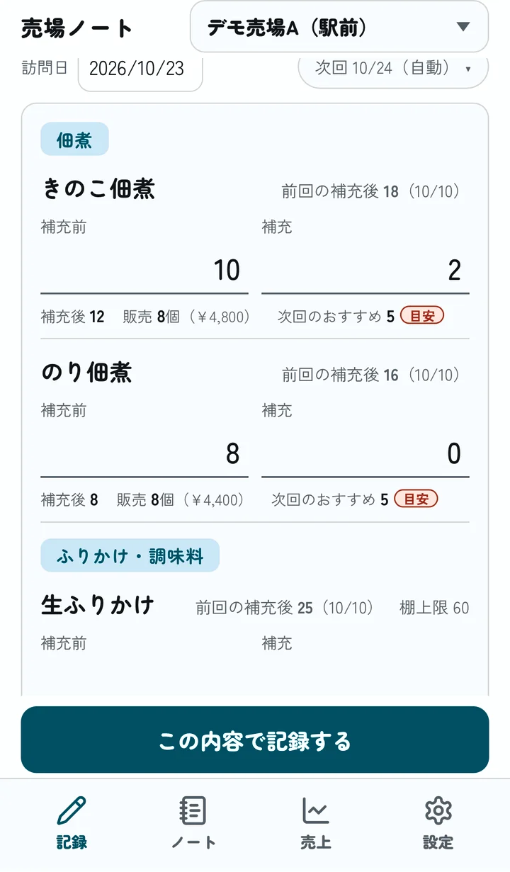 記録の画面。次回のおすすめ補充数が出ている